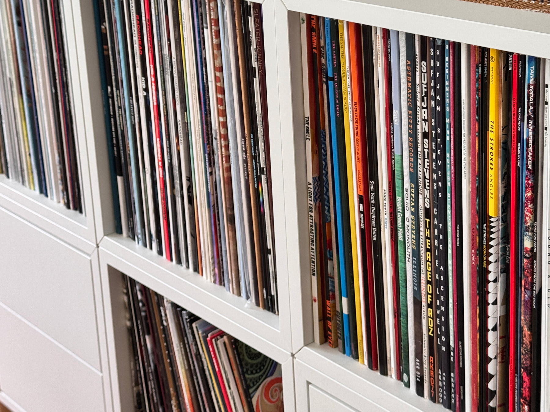 Close up of records in IKEA EKET cube